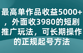 最高单作品收益5000+，外面收3980的短剧推广玩法，可长期操作的正规起号方法