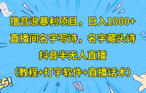 撸音浪暴利日入1000+，名字写诗，名字藏头诗，抖音半无人直播