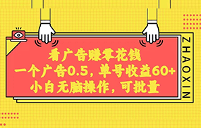 无脑看广告获取收益，一条广告0.5，日稳定60-100+，可批量放大，超级稳定