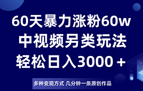 60天暴力涨粉60W，中视频另类玩法，日入3000＋，几分钟一条原创作品多种变现方式